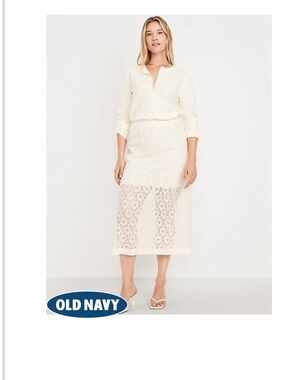 Old Navy Cream Lace Midi Skirt with Sheer Panel
